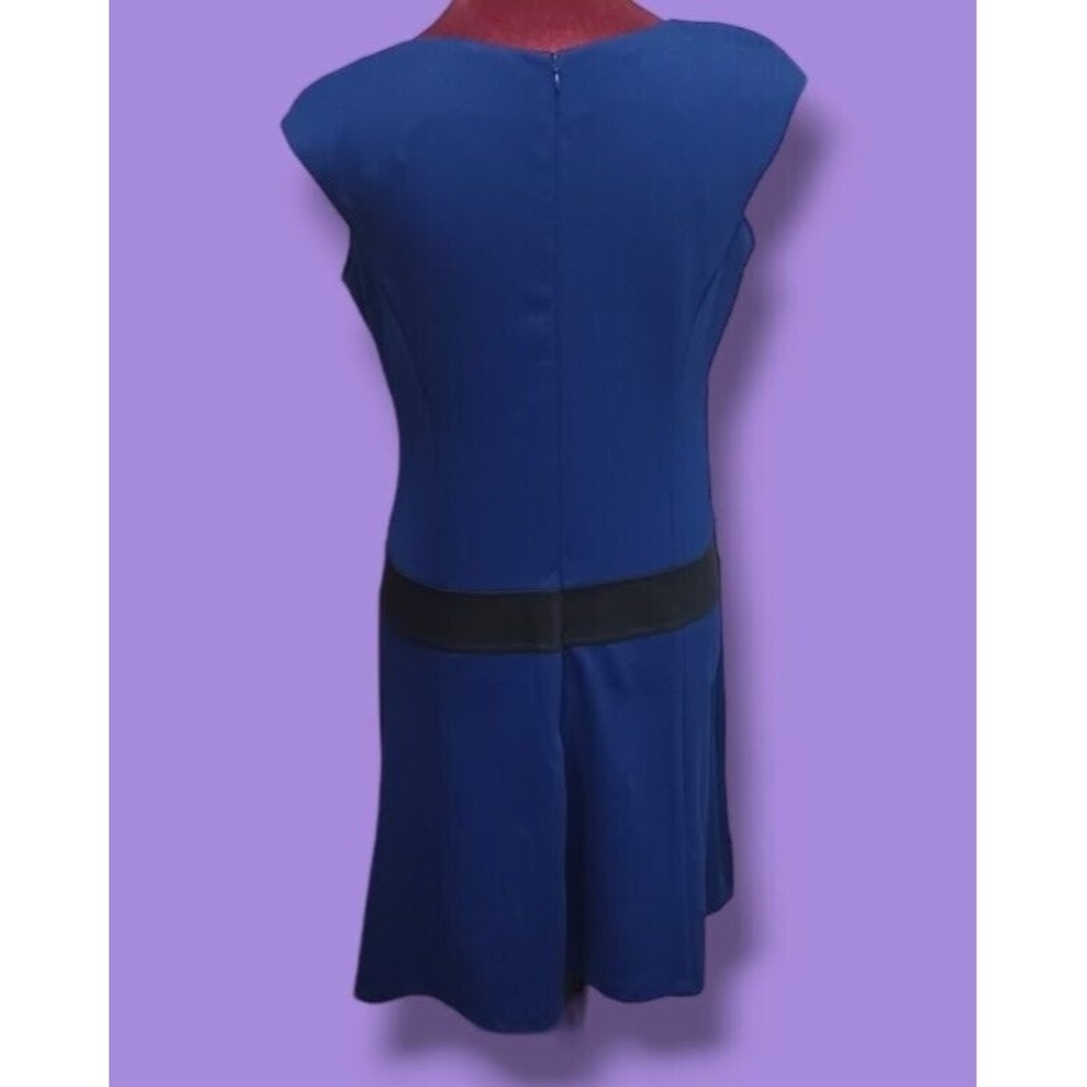 Maggy London Cap Sleeve Womens Size 10 Blue Midi Dress Built-In Black Belt NEW - Picture 4 of 10